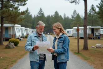 Couple d'acquéreurs potentiels examinant des documents à l'entrée d'un camping à vendre entouré de pins