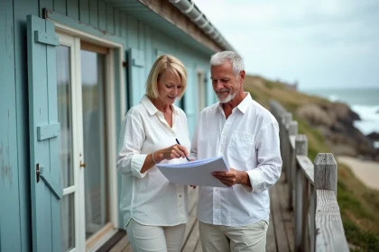 Couple examinant des documents de diagnostic immobilier sur la terrasse d'une maison en bord de mer
