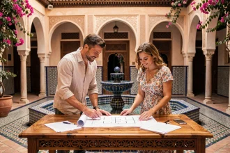 Couple étudiant des documents d'achat immobilier dans la cour intérieure d'un riad traditionnel de Marrakech avec fontaine en zellige