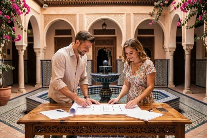 Couple étudiant des documents d'achat immobilier dans la cour intérieure d'un riad traditionnel de Marrakech avec fontaine en zellige