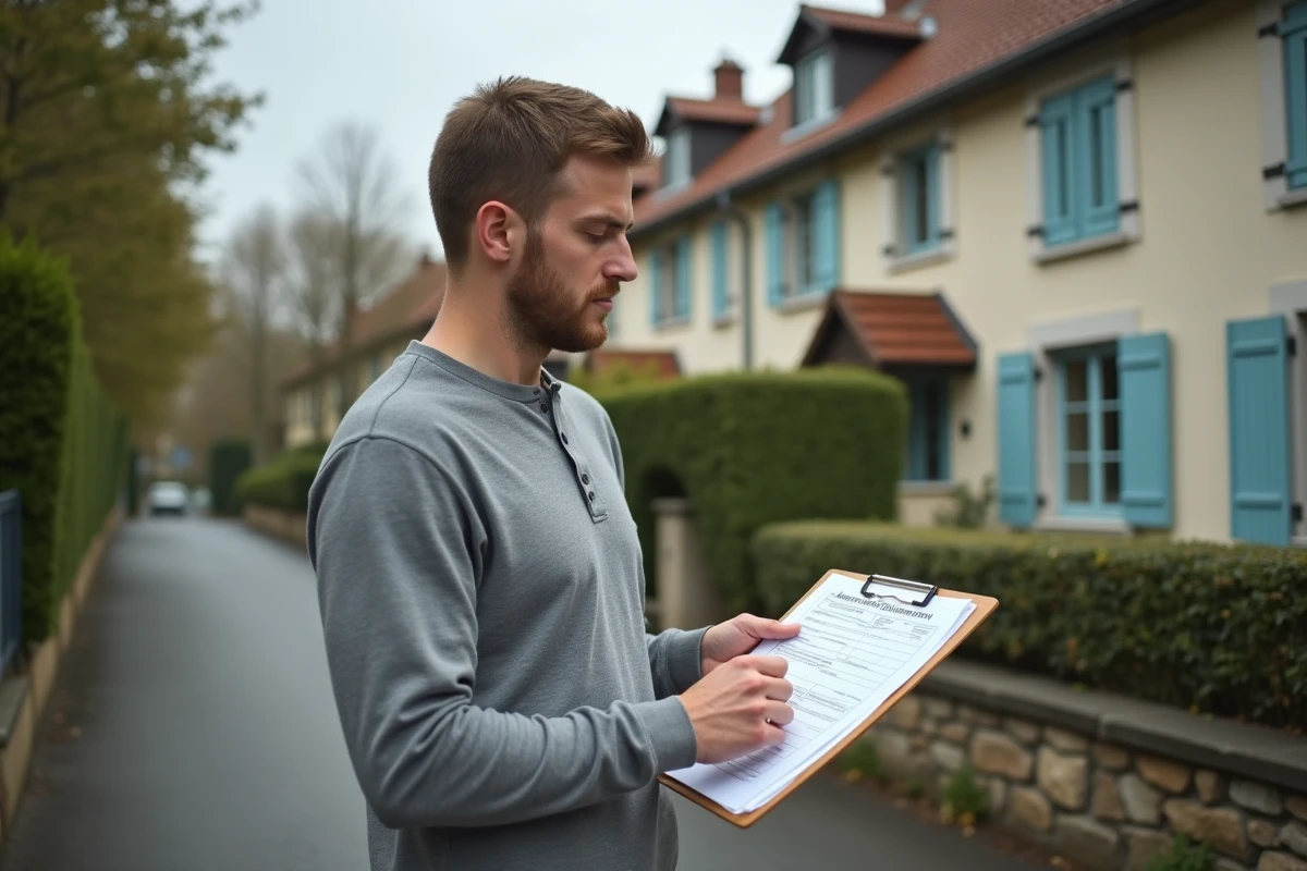 Acheteur immobilier examinant l'&eacute;tat des risques ERRIAL devant une maison &agrave; vendre en France