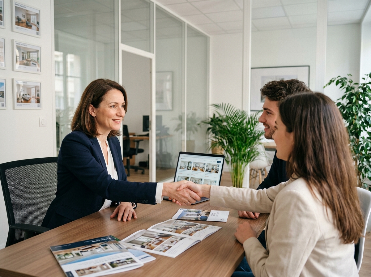 Agent immobilière signant un contrat de location avec un couple dans une agence immobilière à Montrouge