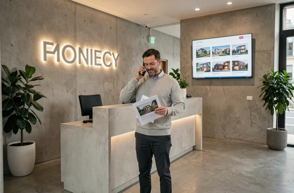 Agent immobilier au téléphone dans le hall d'accueil d'une agence immobilière lyonnaise moderne