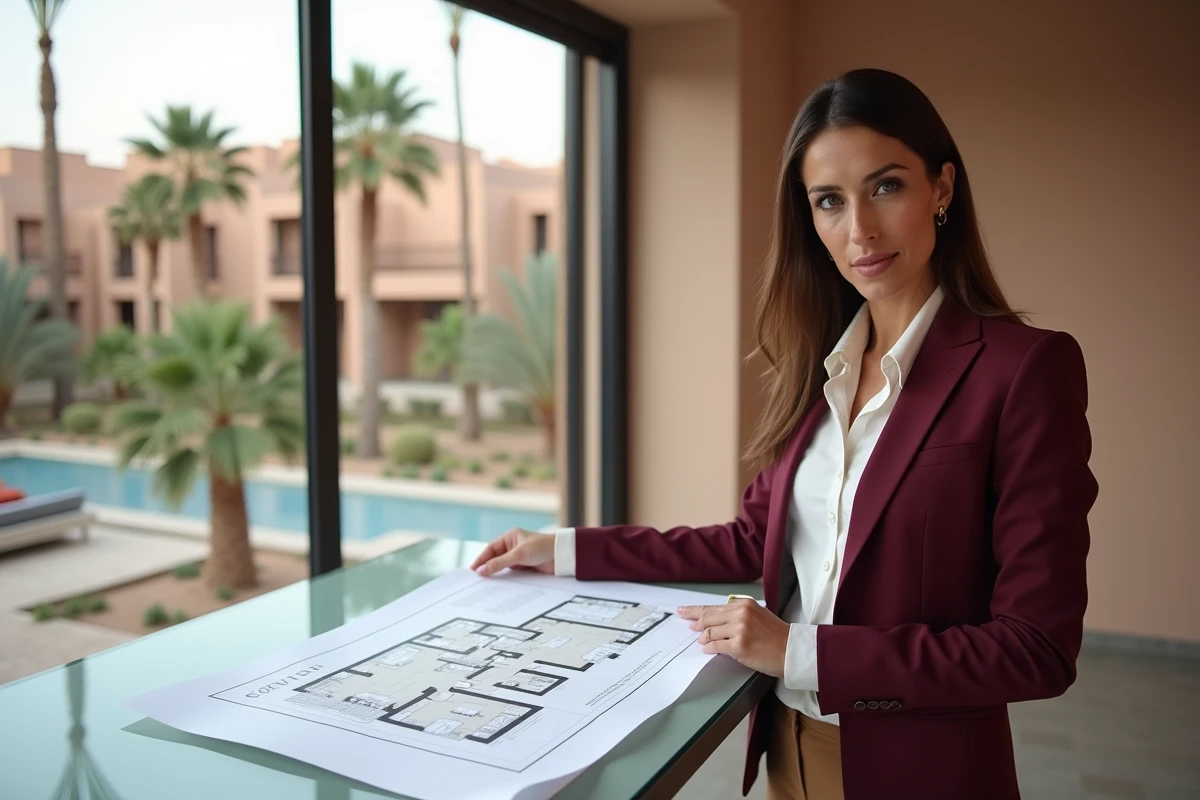 Agent immobilier présentant les plans d'un appartement à Marrakech avec piscine collective