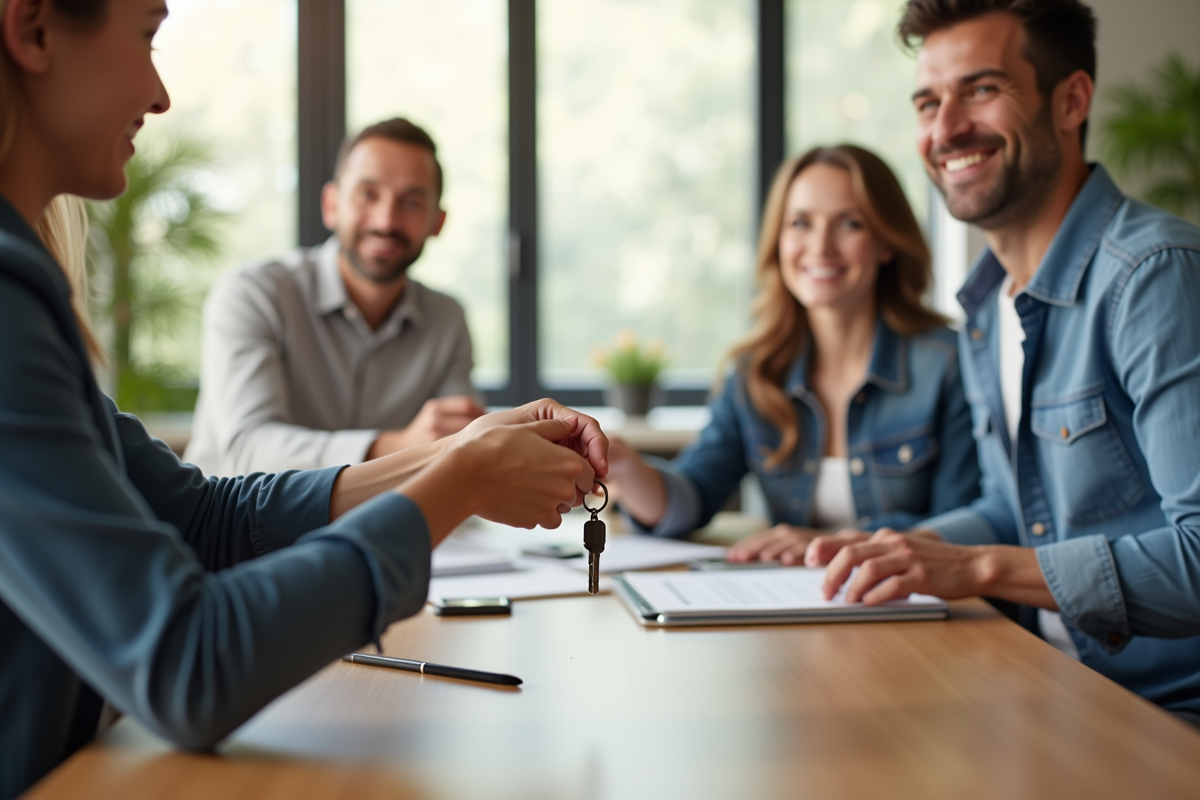 Agent immobilier remettant des clés à un couple heureux dans un salon lumineux