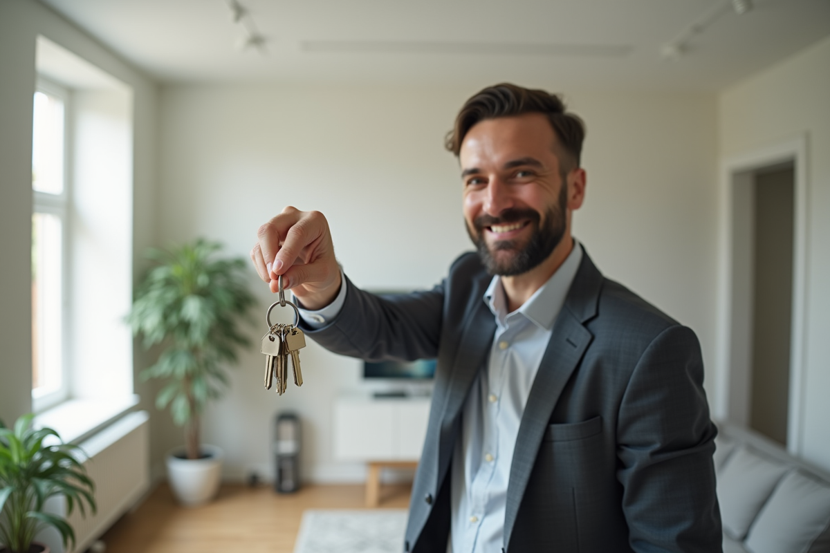 Agent immobilier tenant des clés dans un salon lumineux