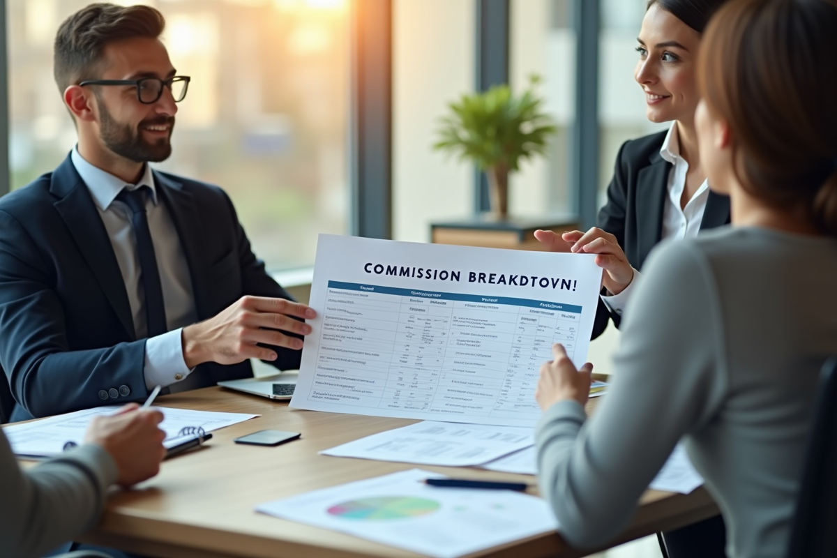 Agent immobilier présentant un tableau de commission