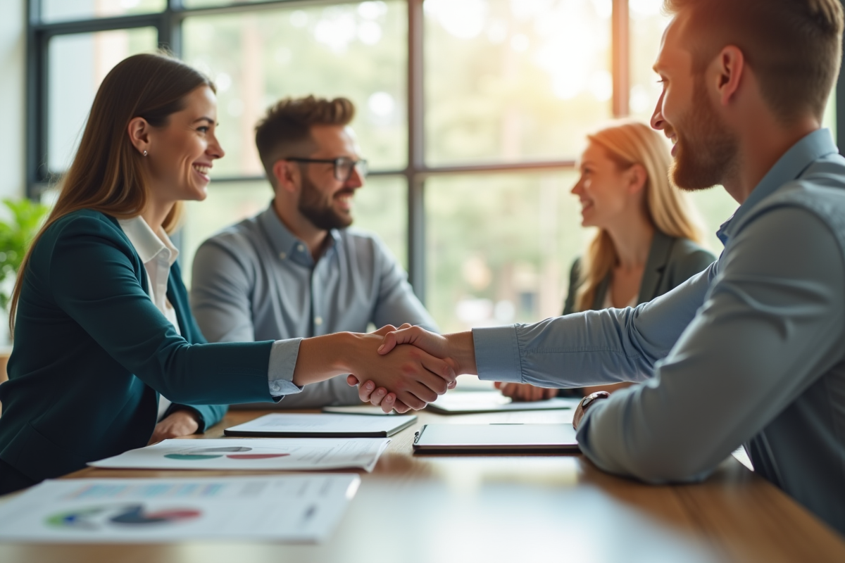 Agent immobilier souriant avec un jeune couple dans un bureau lumineux