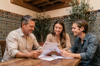 Agent immobilier marocain présentant un contrat de vente à un couple étranger dans un bureau de riad traditionnel à Marrakech