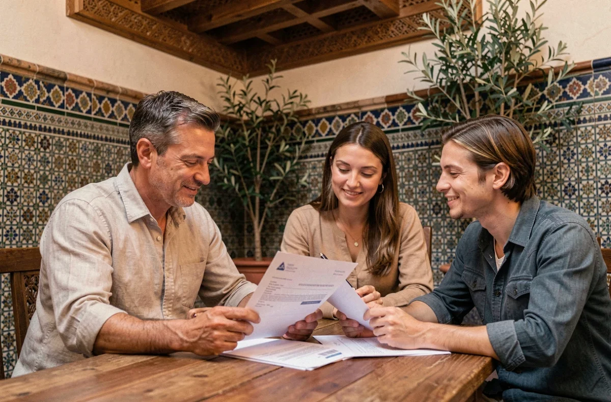 Agent immobilier marocain présentant un contrat de vente à un couple étranger dans un bureau de riad traditionnel à Marrakech