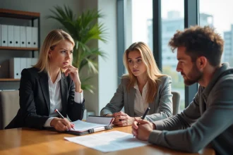 Agent immobilier avec couple lors d'une réunion importante