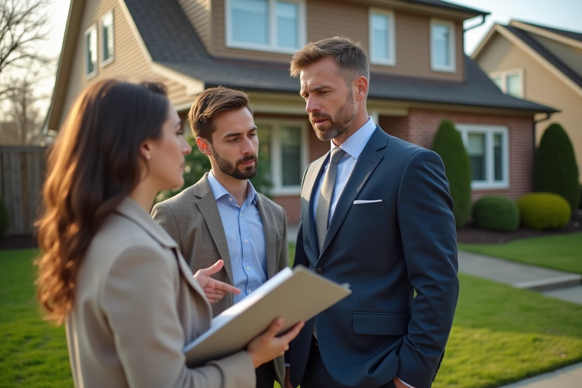 Agent immobilier parlant avec un jeune couple devant une maison de banlieue