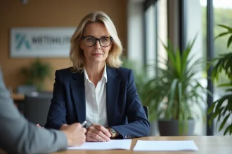 Agent immobilier professionnelle examinant des documents d'estimation de propriété avec un client dans une agence moderne
