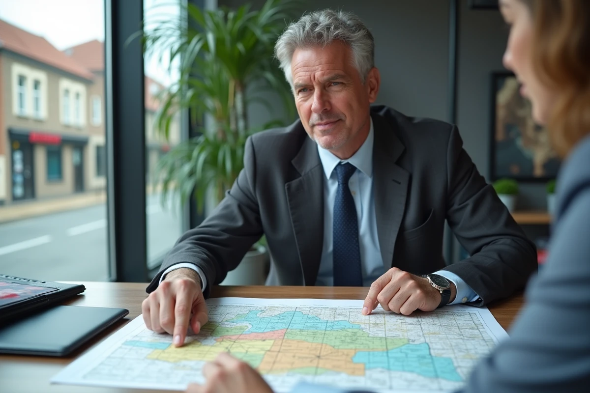Agent immobilier expliquant la carte des risques ERRIAL &agrave; un acheteur dans une agence immobili&egrave;re