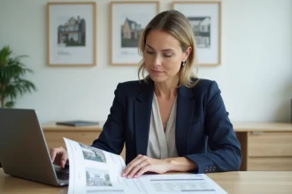 Agent immobilière indépendante analysant des résultats de vente face aux agences en ligne sur son ordinateur portable