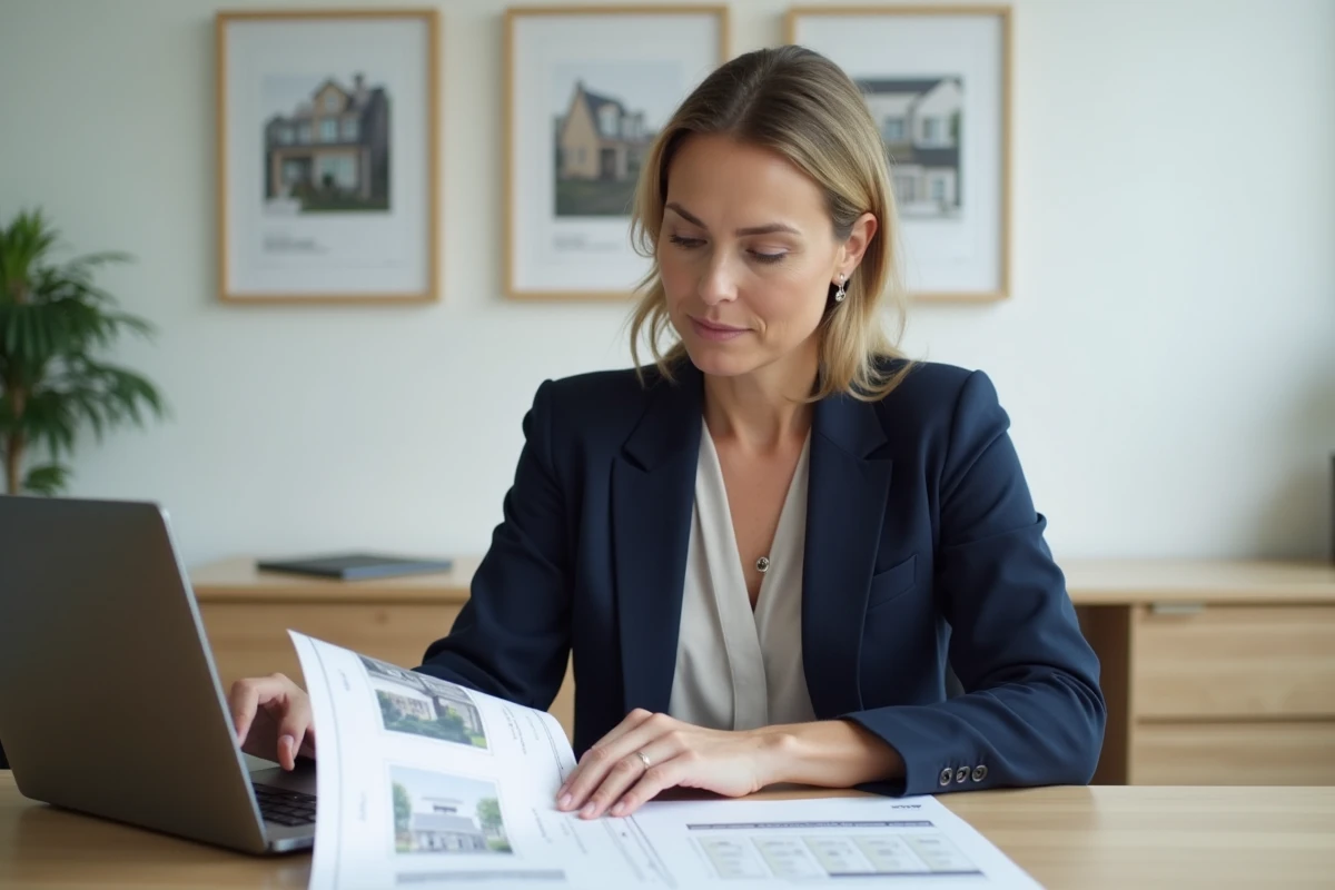 Agent immobilière indépendante analysant des résultats de vente face aux agences en ligne sur son ordinateur portable
