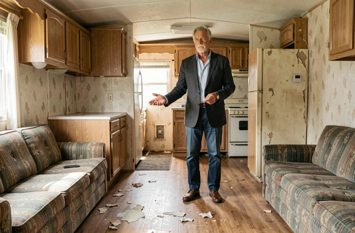 Agent immobilier montrant les signes de vétusté et de décote à l'intérieur d'un mobil-home usagé lors d'une visite d'achat