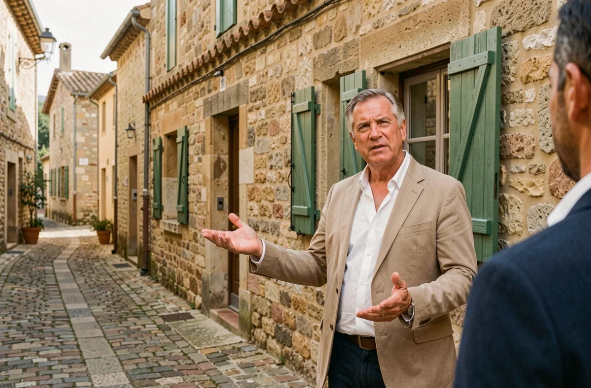 Agent immobilier présentant une maison en pierre à vendre en urgence dans un village du Languedoc, bien en dessous du prix du marché