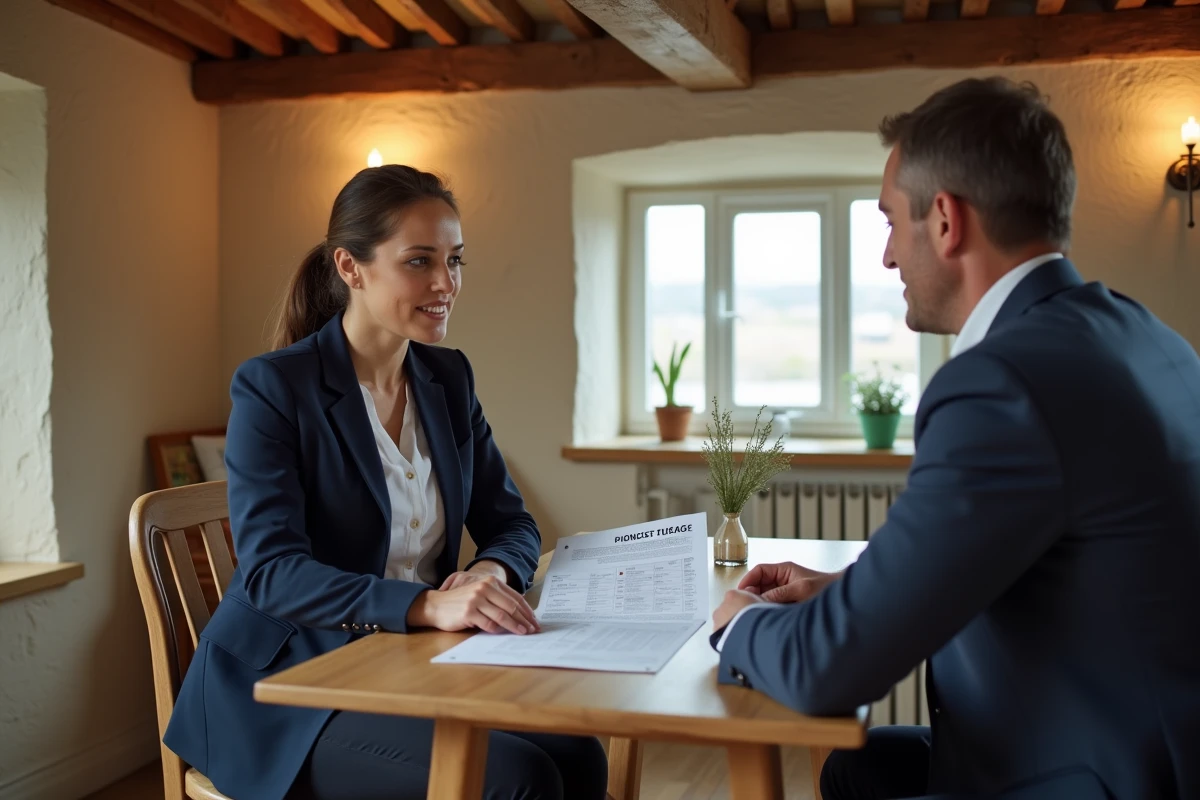 Agent immobilier discutant du prix de vente d'une maison en Normandie avec le propriétaire à l'intérieur d'un cottage normand