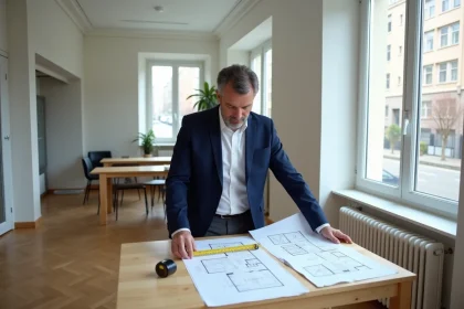 Agent immobilier examinant des plans de surface et des documents de mesurage dans un appartement moderne