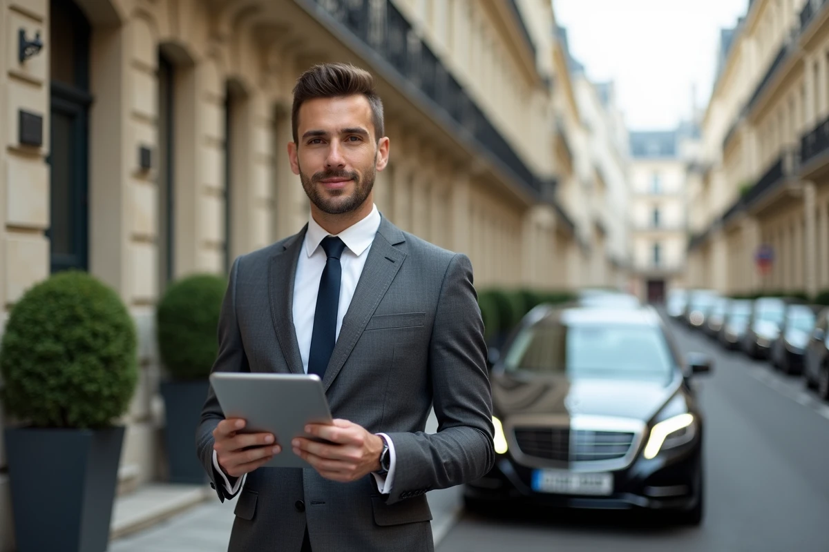 Agent immobilier de prestige devant une façade haussmannienne parisienne présentant une estimation en ligne sur tablette