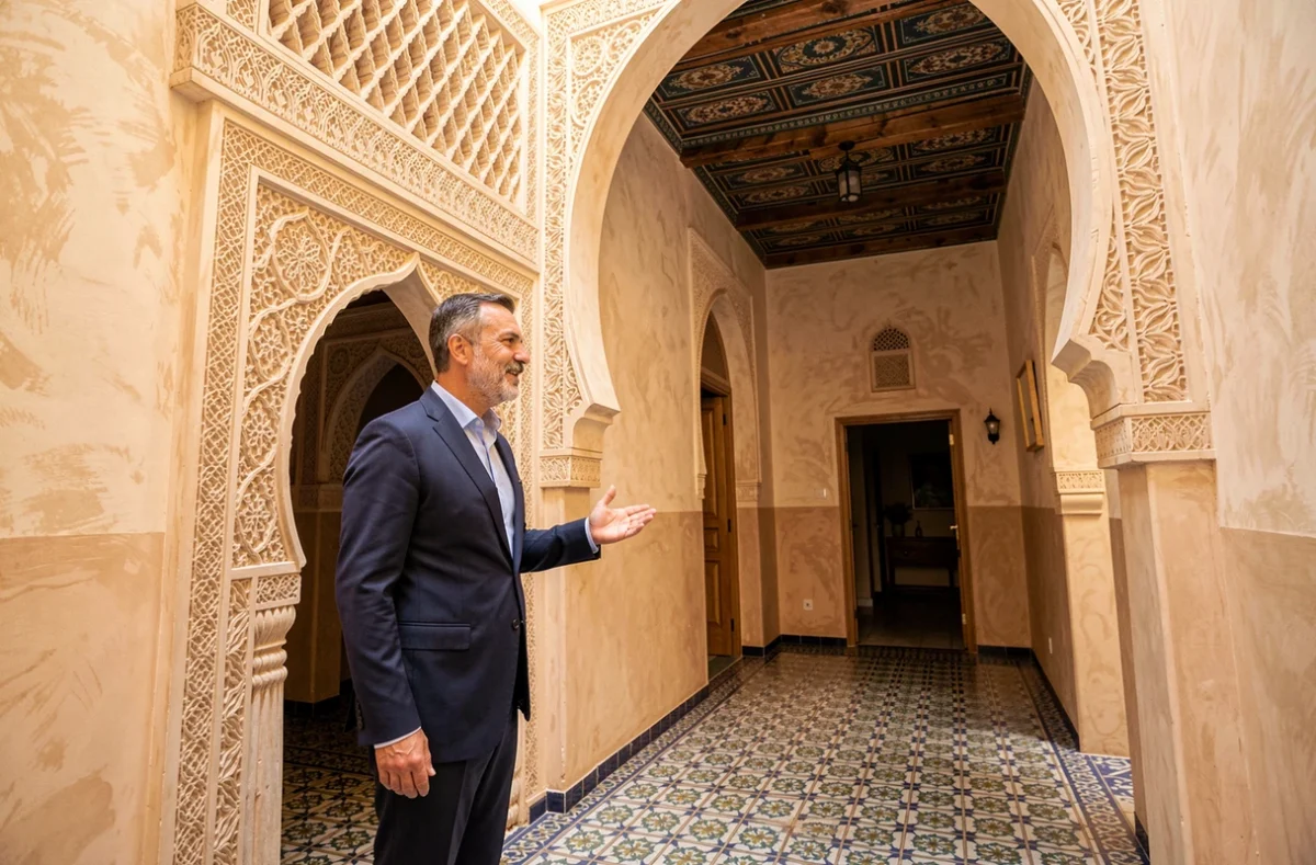 Agent immobilier marocain présentant l'architecture intérieure d'un riad rénové dans la médina de Marrakech à un potentiel acheteur