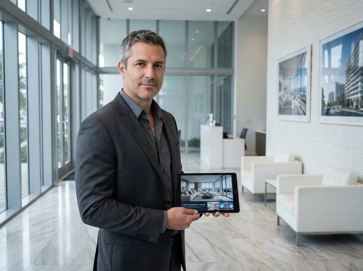 Agent immobilier présentant une vidéo motion design sur tablette dans le hall d'une agence immobilière moderne
