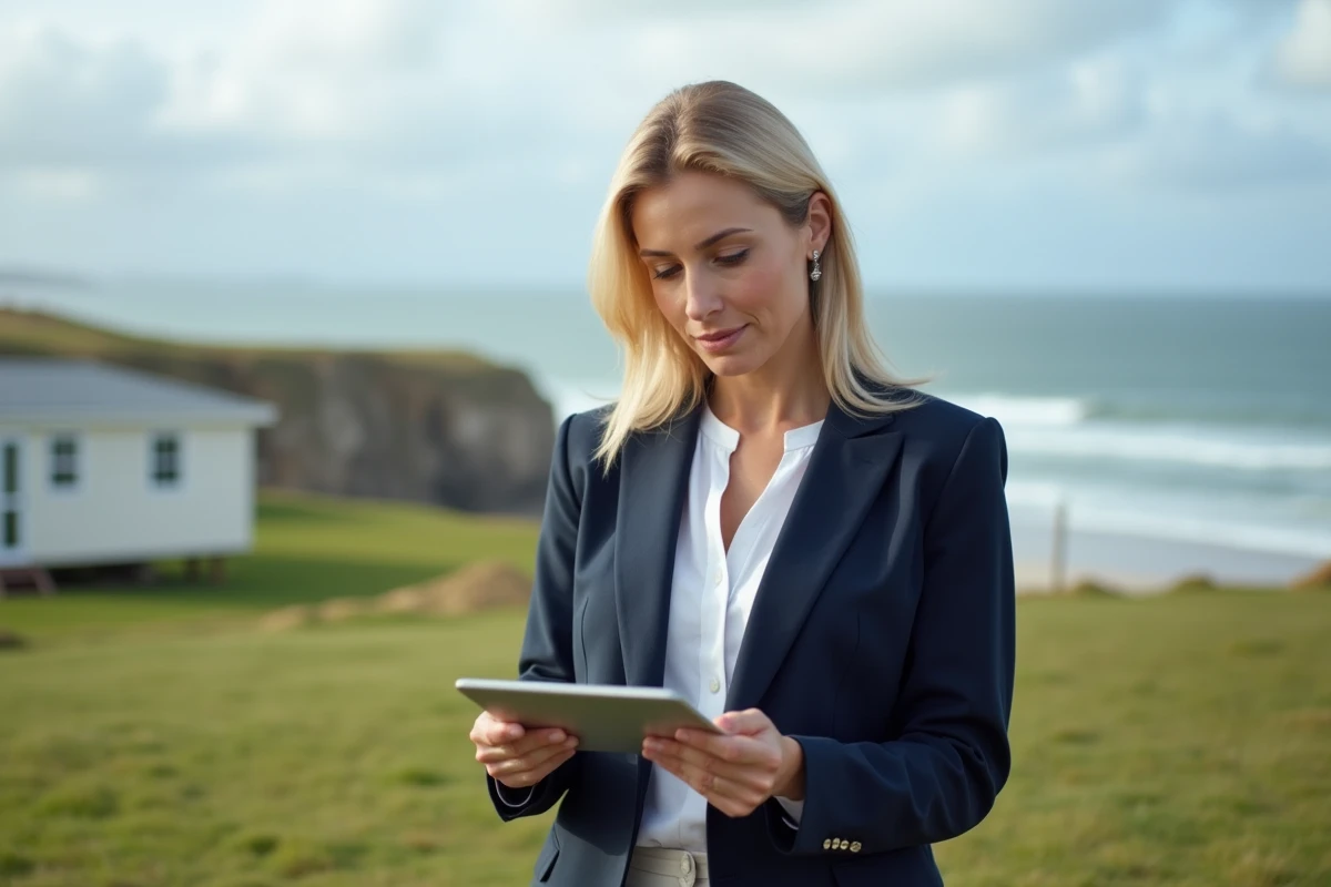 Agent immobilier sur un terrain en bord de mer évaluant une parcelle avec mobil-home pour une vente immobilière côtière