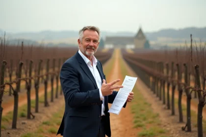 Agent immobilier tenant un dossier de vente devant un vignoble bordelais en automne avec chartreuse en arrière-plan