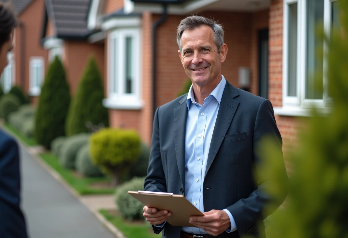Agent immobilier accueillant un acheteur devant une maison