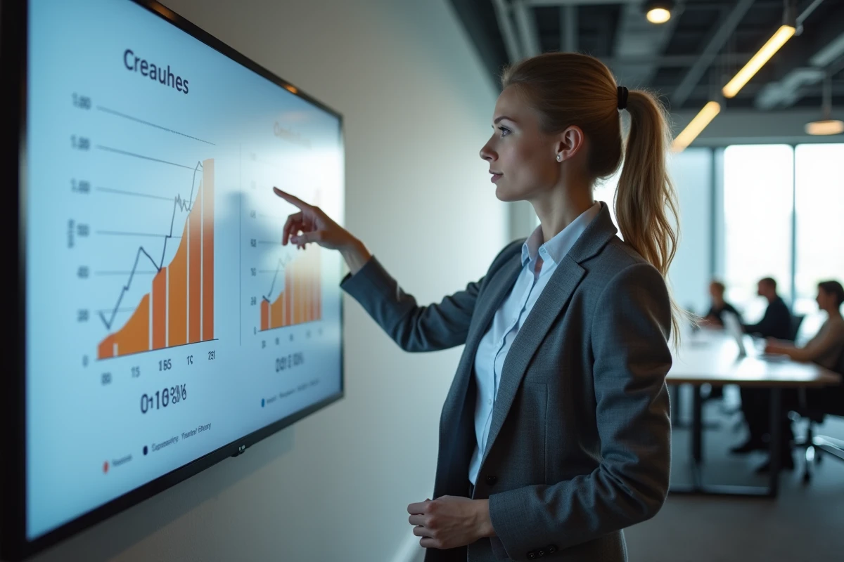 Professionnelle de l'immobilier présentant une analyse comparative des résultats entre agences traditionnelles et agences en ligne