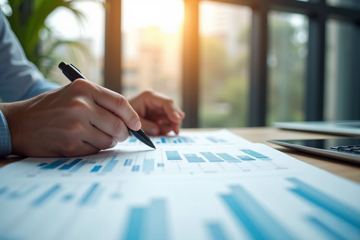 Personne analysant des graphiques financiers dans un bureau lumineux