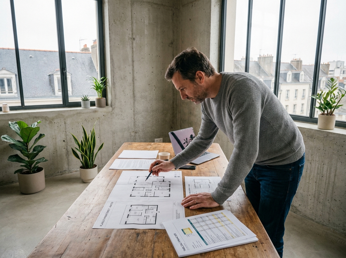 Propriétaire analysant des plans immobiliers et des données financières pour un investissement locatif à Nantes