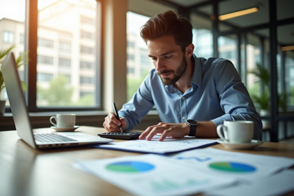 Professionnel analysant documents financiers lumineux