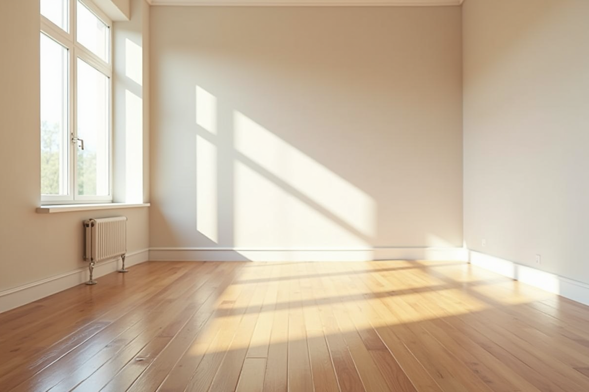 Appartement vide lumineux avec grandes fenêtres et sol en bois