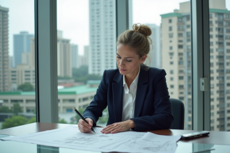 Architecte femme étudie plans avec vue sur ville moderne