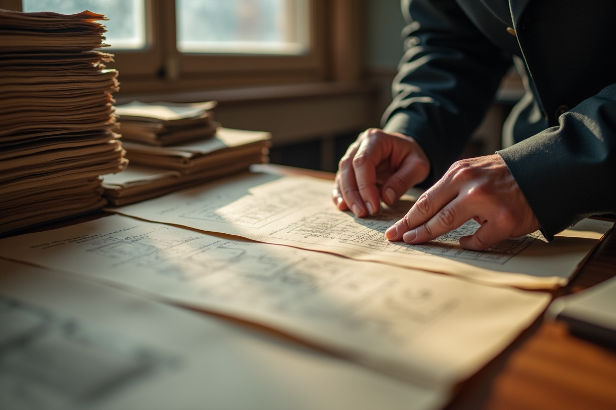Main manipulant des archives anciennes dans un bureau municipal