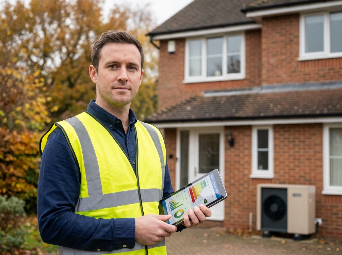 Auditeur énergétique devant une maison individuelle en automne avec tablette affichant un bilan thermique