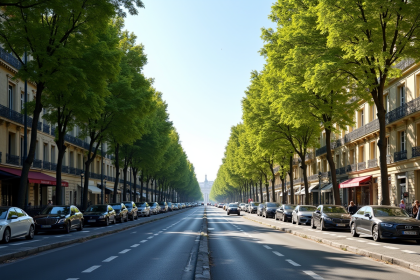 Avenue bordée d'arbres dans le 16e à Paris avec bâtiments haussmanniens