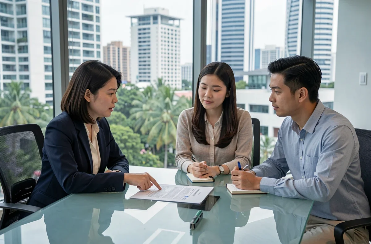 Avocate thaïlandaise expliquant les droits de propriété immobilière à un couple mixte dans un cabinet juridique à Bangkok