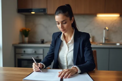 Femme révisant un contrat de bail pour une location non meublée avec cuisine équipée