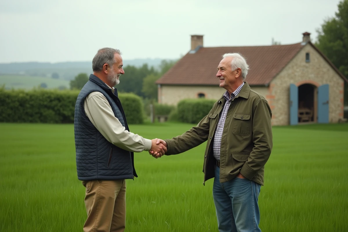 Deux agriculteurs scellant un bail rural verbal par une poign&eacute;e de main dans un pr&eacute;, sans contrat &eacute;crit