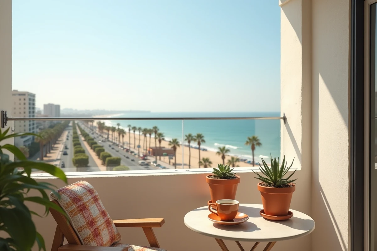 Balcon d'appartement locatif saisonnier à Agadir avec vue sur la plage et la promenade touristique