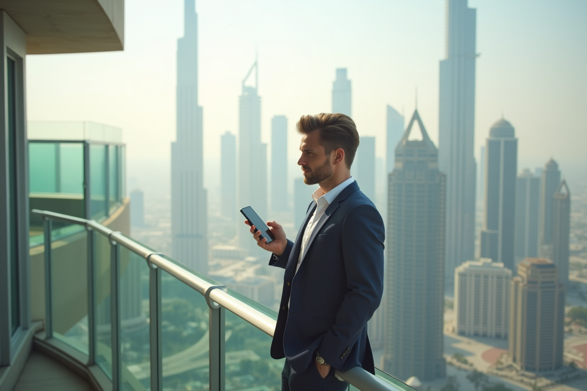 Homme seul regarde la skyline de Dubai depuis un balcon
