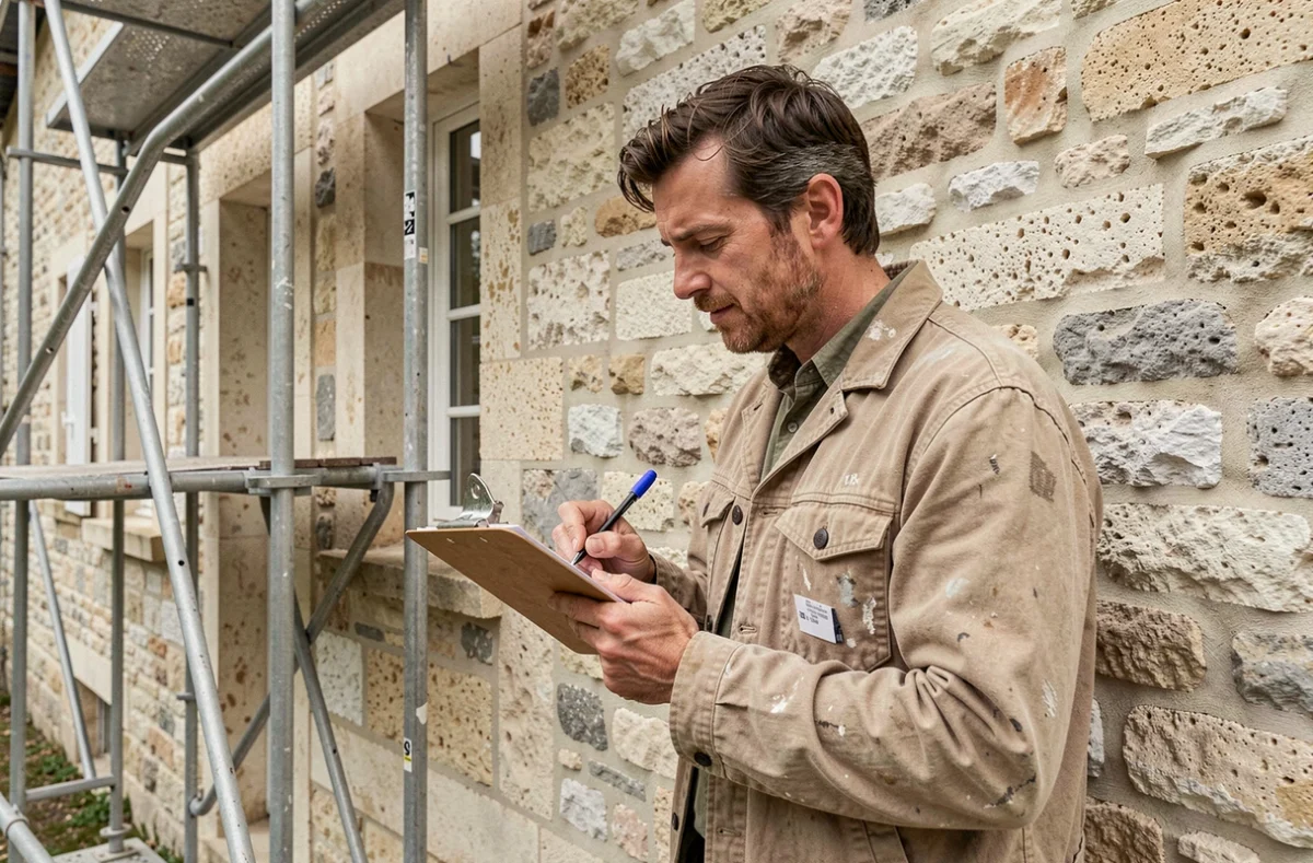 Artisan Bati Renovation 37 inspectant la façade en tuffeau d'une maison ancienne avec échafaudage en Indre-et-Loire