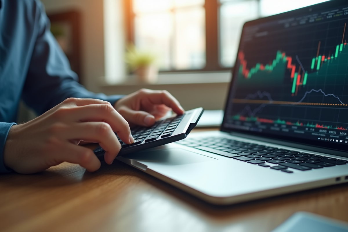 Mains utilisant une calculatrice avec un ordinateur affichant des indices