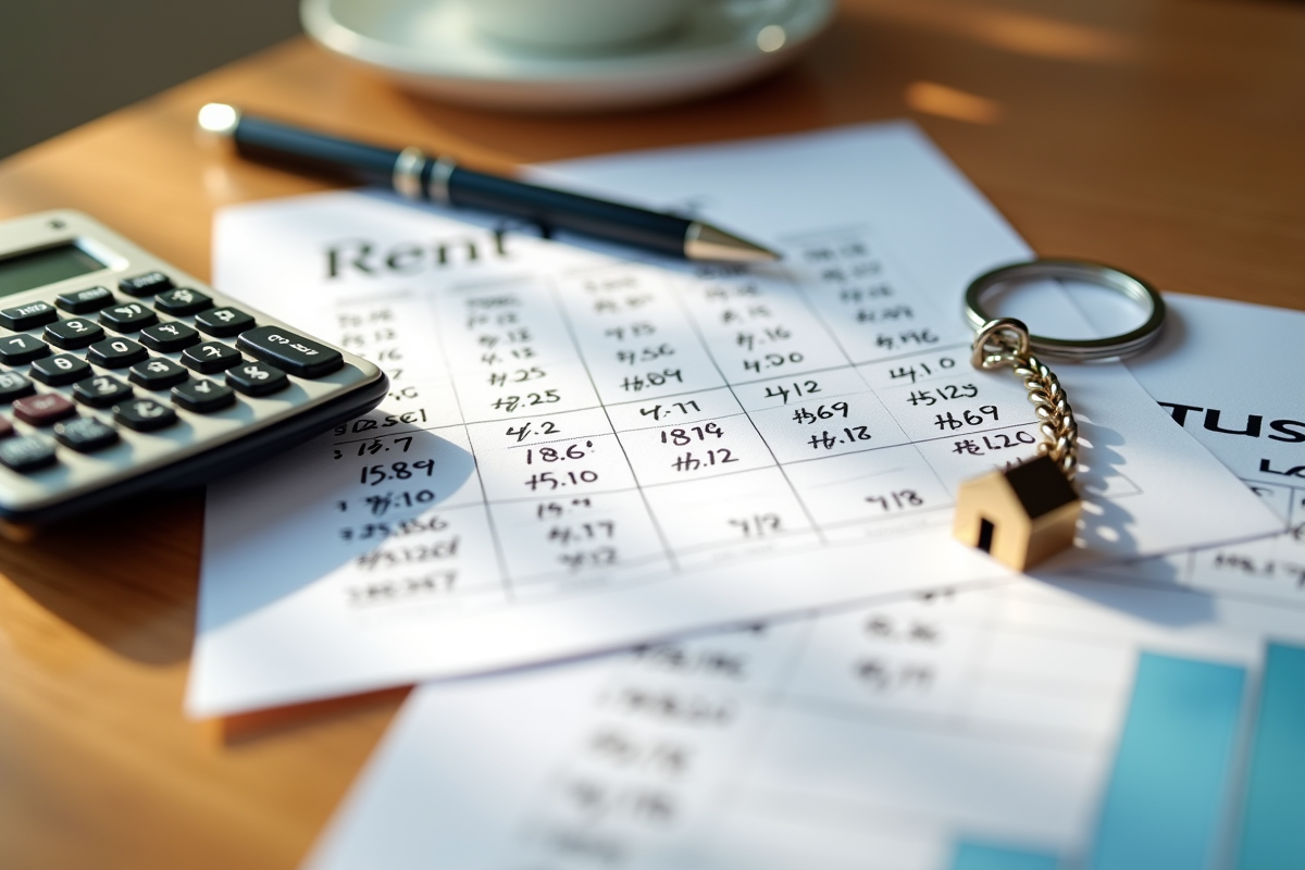 Calculs de loyer écrits à la main avec calculatrice et clé maison