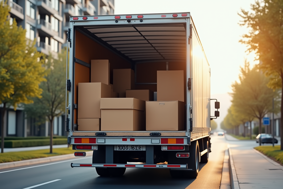 Camion de déménagement avec meubles et cartons chargés