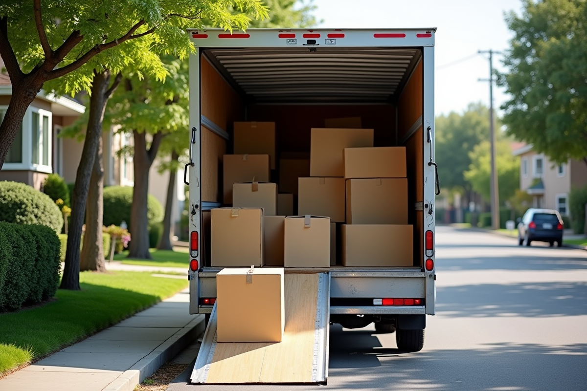 Camion de déménagement garé dans la rue avec cartons empiles