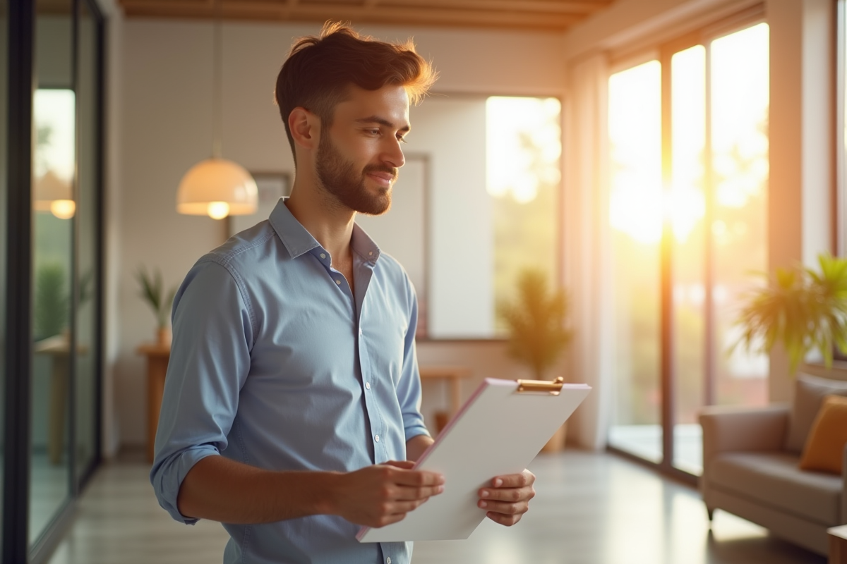 Jeune professionnel tenant dossier de location dans un salon lumineux